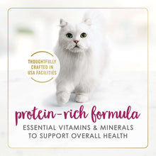 Cat food pouch graphic with white cat and protein-rich formula text