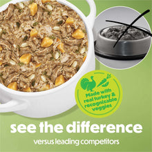 Wet dog food bowl with spoonful of turkey and vegetable blend