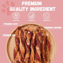 Premium ingredient dog jerky strips on round wooden tray