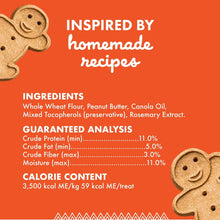 Dog treat ingredients and analysis panel featuring peanut butter and protein values