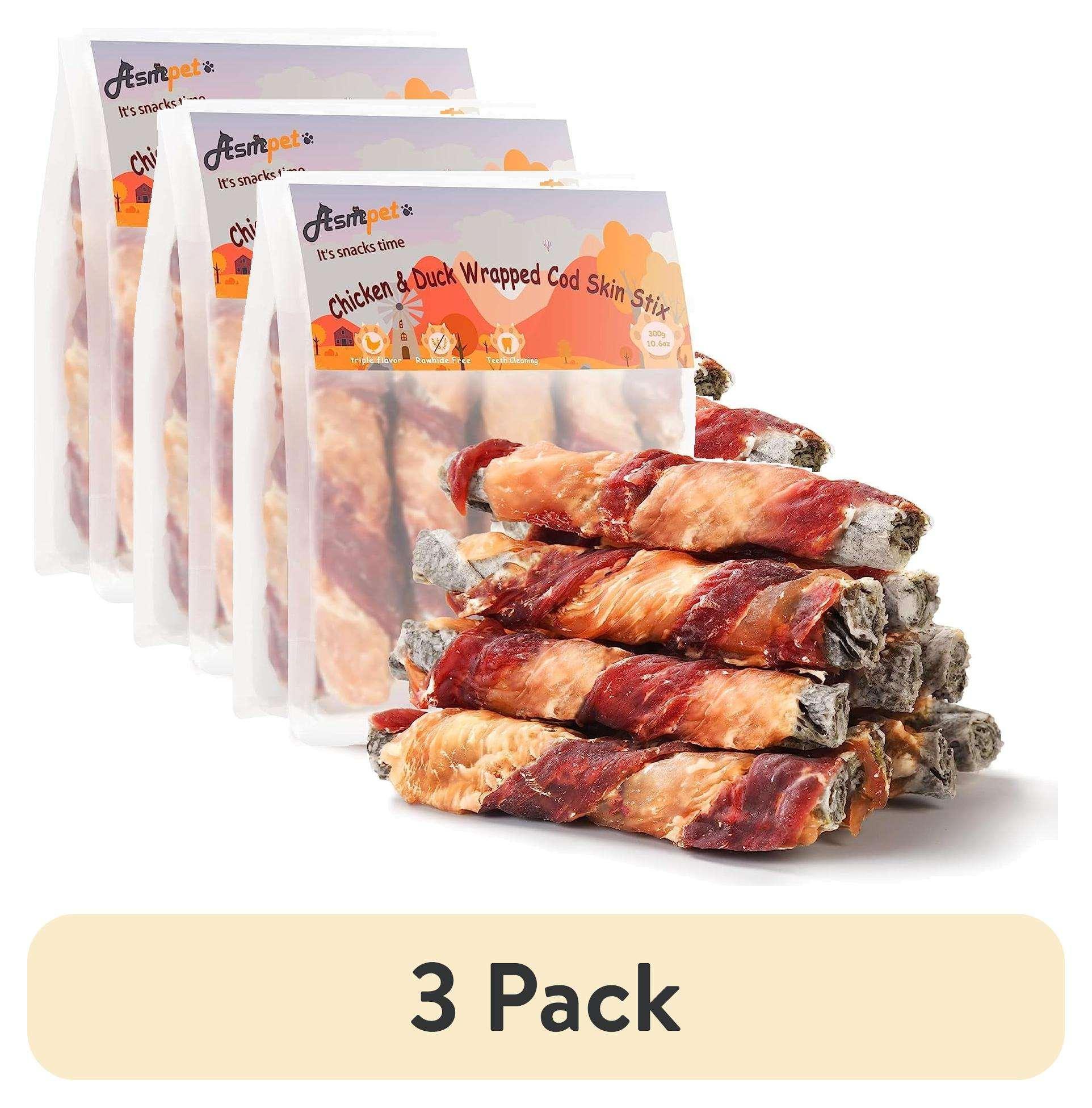 ASMPET Rawhide Free Dog Treats Chicken & Duck Wrapped Cod Skin Stick, Healthy Dog Chew, Training Snacks for Small Medium Large Dogs, 11oz