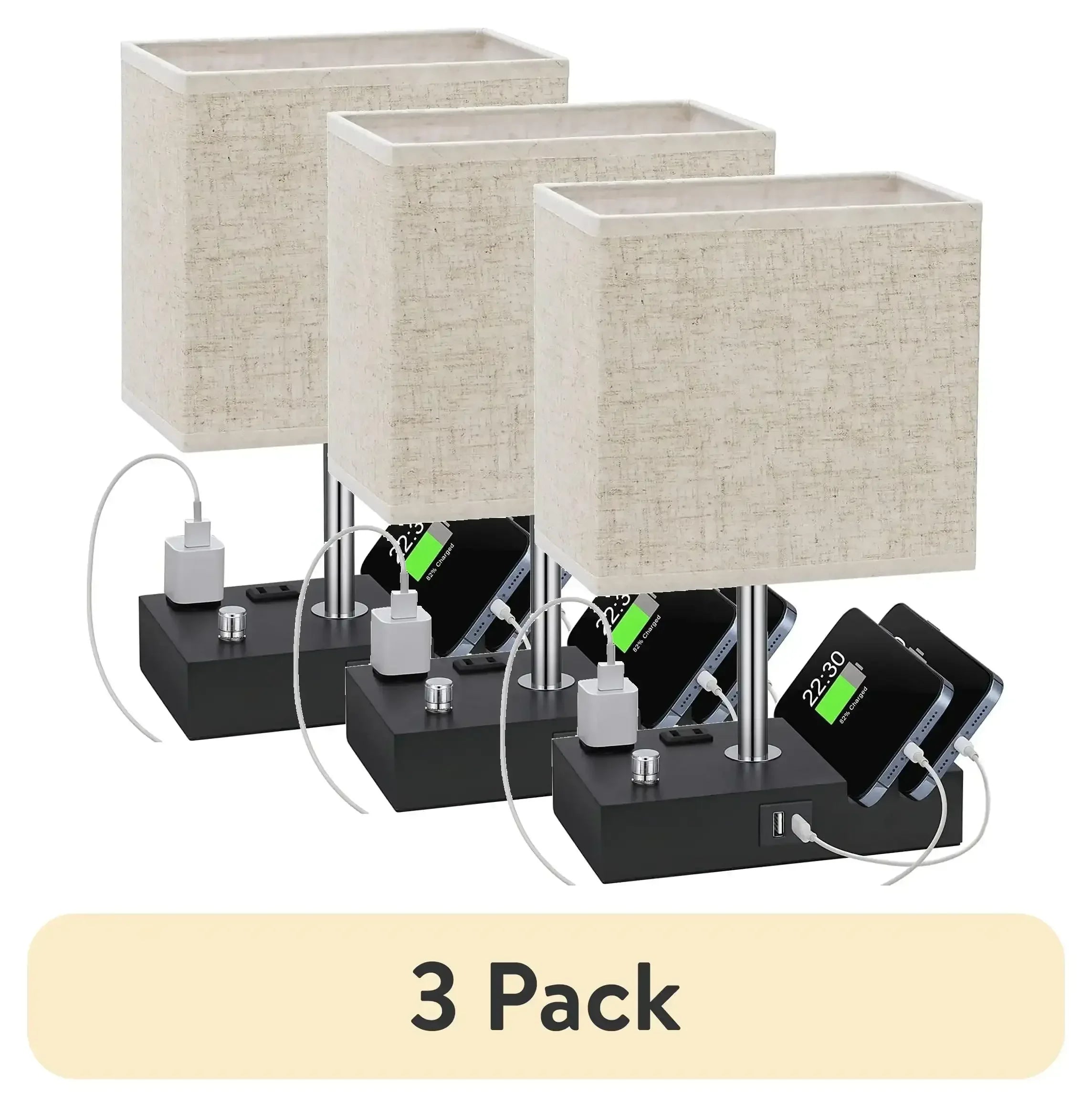 GPED Bedside Table Lamp for Bedroom with Dual Fast USB Charging Ports, Fully Dimmable Nightstand Lamps with 2 Phone Stands and 2 Charging Outlets, Desk lamp with Fabric Shade for Living Room