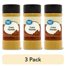 Three Great Value curry powder bottles with black caps and gold-beige seasoning
