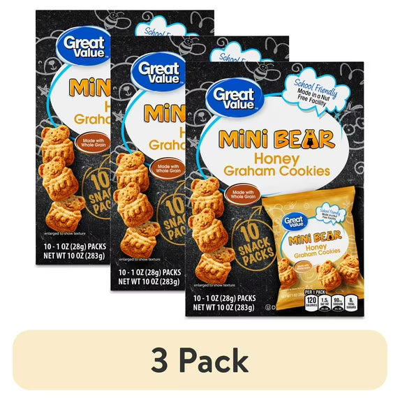 Great Value Mini Bear Honey Graham Cookies, 1 oz, 10 Snack Packs