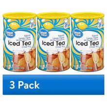 Three-pack of lemon iced tea drink mix cans with blue banner marked 3 Pack