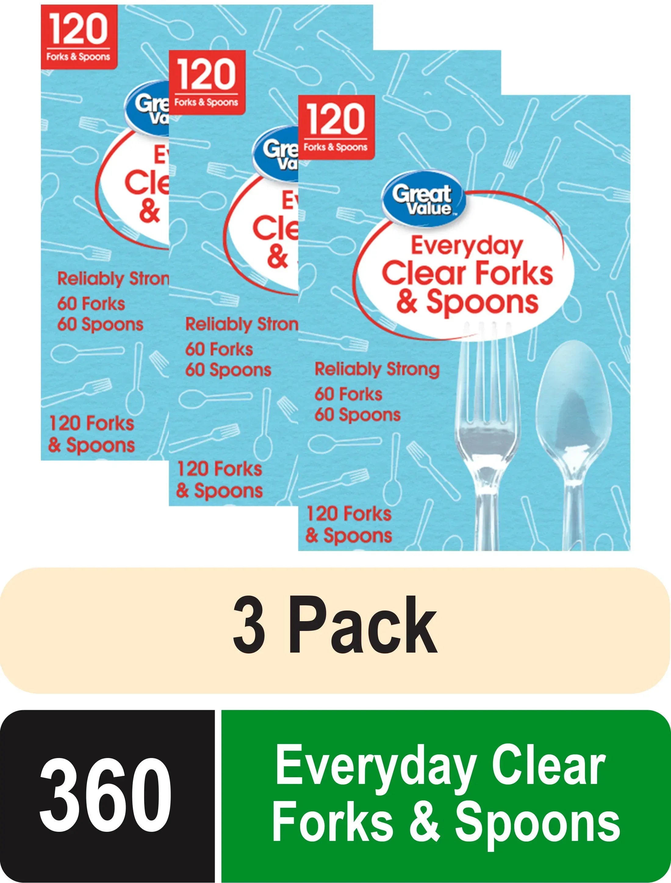 Great Value Plastic Everyday Clear Fork and Spoon Combo, 120 Count