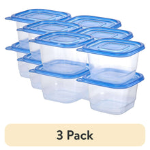 Plastic square food storage containers with blue snap lids, stacked