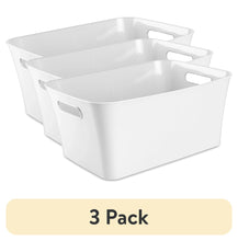 Set of three white plastic storage bins with side carry handles