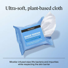 Neutrogena makeup remover wipes pouch with an ultra-soft wipe being pulled out
