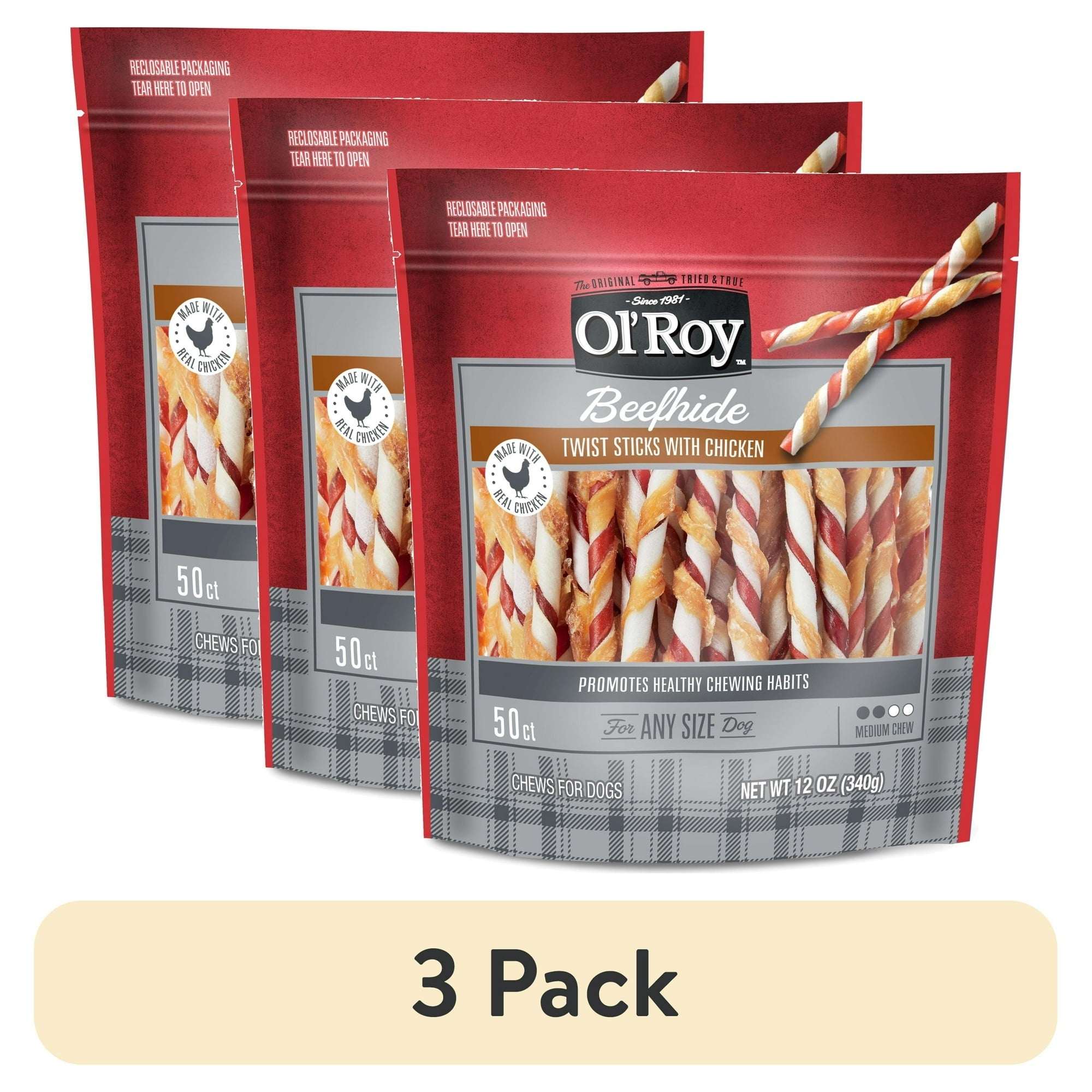 Ol'Roy Rawhide Chicken Sticks, Dog Treats, Chicken Flavor, 5 inch, 50ct Pack