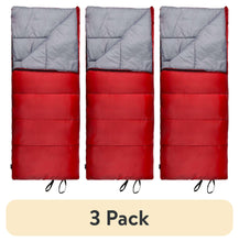 3-pack rectangular sleeping bags with gray tops and red bottoms, tied foot area