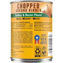 Chopped Ground Dinner turkey & bacon wet dog food can, nutrition panel