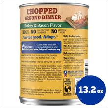 Back label of turkey & bacon wet dog food can with 13.2 oz badge