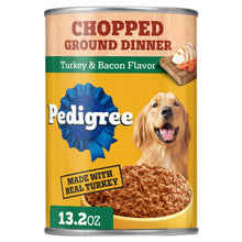 Chopped Ground Dinner turkey & bacon wet dog food can with dog photo, 13.2 oz