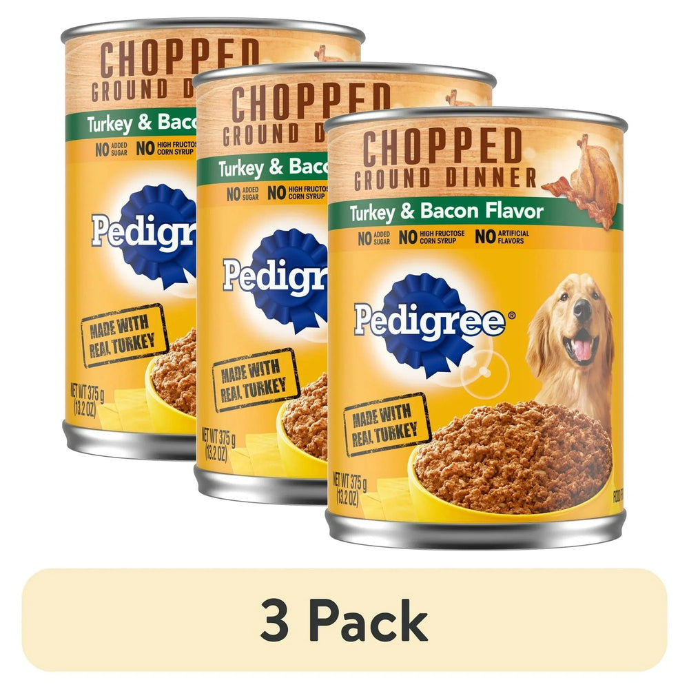 (3 pack) Pedigree Chopped Ground Dinner Turkey & Bacon Flavor Adult Soft Wet Dog Food, (12) 13.2 oz Cans - USA MEGA SHOP