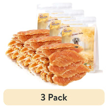 Chicken jerky dog treats 3-pack with three pouches and stacked orange jerky strips