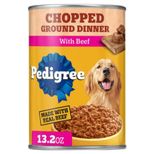 Wet dog food can labeled chopped ground dinner with beef, adult soft food
