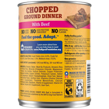 Back label of wet dog food can with beef, chopped ground dinner details
