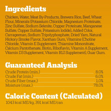 Dog food label showing ingredients and guaranteed analysis with calorie content