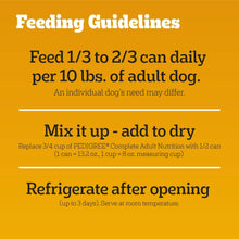 Wet dog food feeding guidelines panel for adult chopped ground dinner with chicken