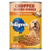 Wet dog food can front: chopped ground dinner with chicken, Pedigree label