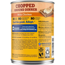 Wet dog food can back label for chopped ground dinner with chicken, nutrition text