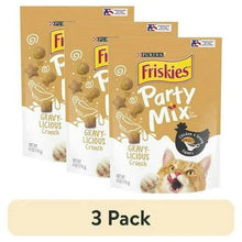Purina Friskies Party Mix cat treats 3-pack gravy-crunch bags with chicken and gravy flavor