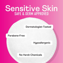 White cotton facial round with sensitive-skin and paraben-free badges