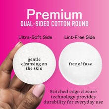 Premium dual-sided cotton round, stitched edge; ultra-soft and lint-free sides