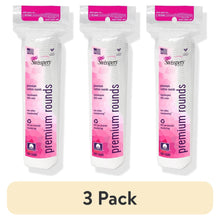 3-pack cotton rounds in clear bag with pink Swisspers label
