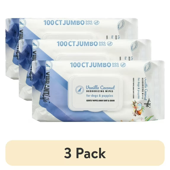 Dog deodorizing wipes multipack pouches, Vanilla Coconut scent, blue-and-white branding
