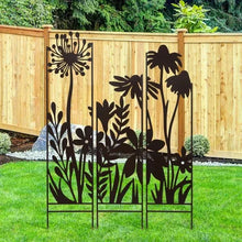 3-panel garden mural stakes with leaf and flower cutouts, dark metal panel frame