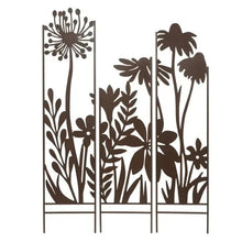 3-panel garden mural stakes with floral and dandelion silhouettes, dark metal finish