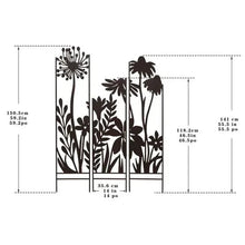 3-panel garden mural stakes layout diagram with floral silhouettes and three panels