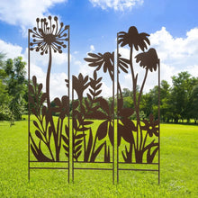 3-panel garden mural stakes featuring dandelion and flower silhouettes, dark metal