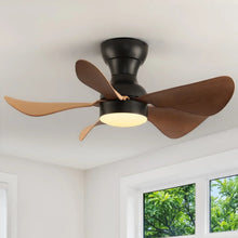 Indoor ceiling fan with light, black housing, five brown blades and warm light