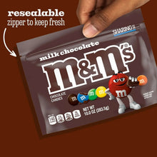 Resealable milk chocolate M&M sharing bag with 10 oz label and characters