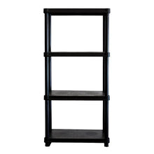 4-tier resin shelf unit with four open levels, black frame and shelving.