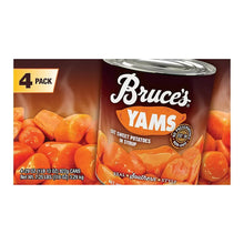 Bruce’s yams cut sweet potatoes in syrup, 4-pack carton close-up on front
