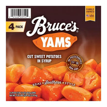 Bruce’s yams cut sweet potatoes in syrup, 4-pack front panel with orange chunks