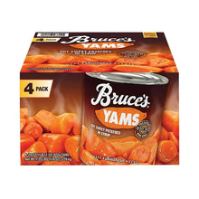 Bruce’s yams cut sweet potatoes in syrup, 4-pack carton with orange chunks shown