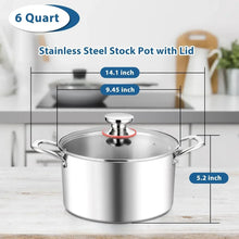 Stainless steel stock pot with glass lid and side handles, shown with dimensions