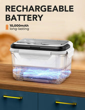Rechargeable heated lunch box with clear lid window and glowing heating light on base