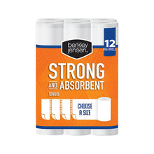 Paper towel multipack: 12 rolls of strong, absorbent towels in orange-and-white packaging