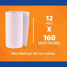 Paper towel rolls showing 12 rolls and 160 sheets per roll on an orange graphic
