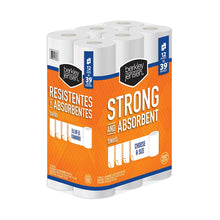 Paper towel multipack with 12 rolls, strong absorbent towels, angled view on orange packaging