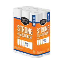 Paper towel multipack with 12 rolls, strong absorbent towels, two-pack view in orange packaging