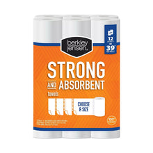 Paper towel multipack with 12 rolls of strong absorbent towels, front view in orange packaging