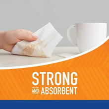 Paper towels with one sheet being pulled, shown above Strong and Absorbent text