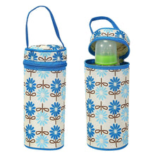 Pair of blue patterned diaper bottle holders with zip tops and bear-themed details